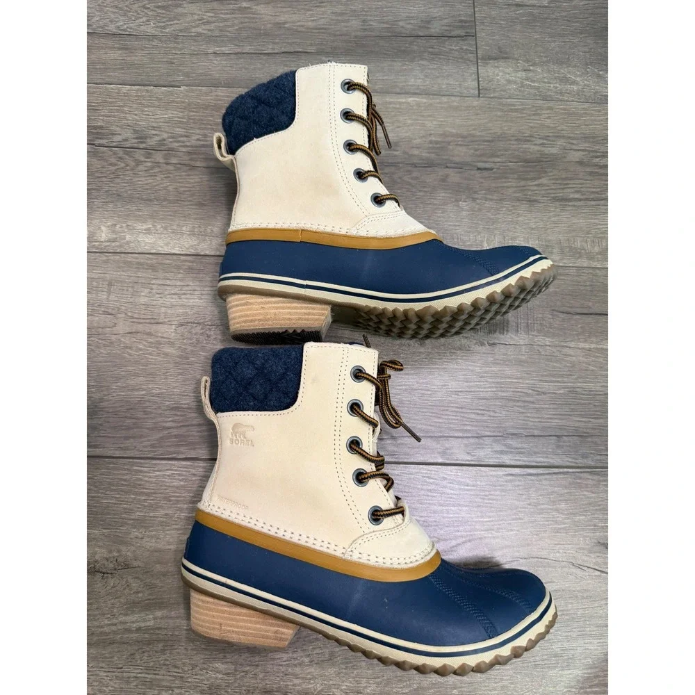 Sorel‎ Womens Slimpack Duck Boots Waterproof Winter Snow Beige Navy Size 9.5
